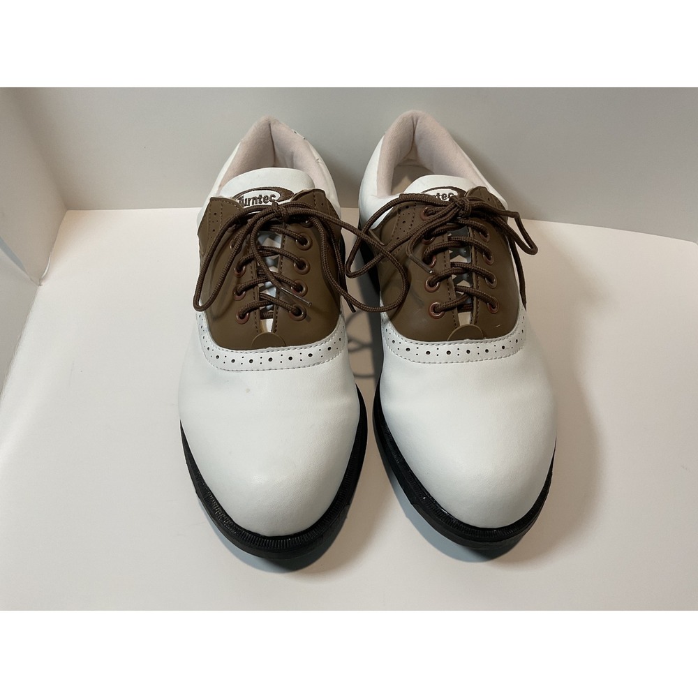 Turftec Women's White Brown Leather Golf Shoes Saddle Wingtip Spiked Size 9.5